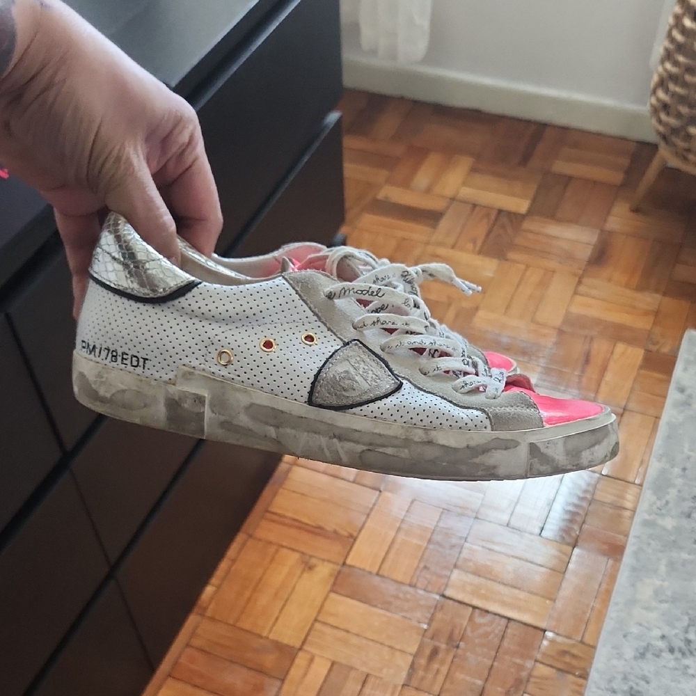 Philippe Model White Leather Sneakers with Pink Toe